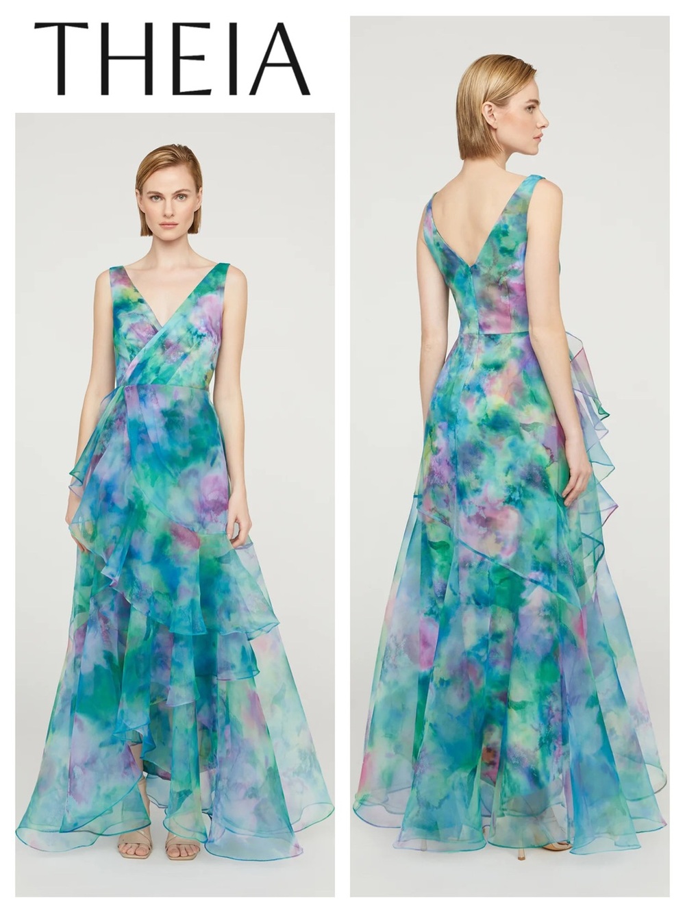THEIA Karen Organza V Neck Gown